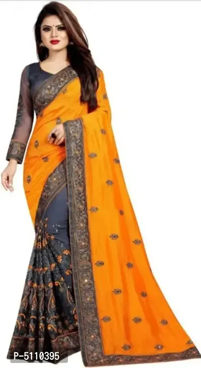 Womens Embroidered lace work Jacquard Saree with Blouse Piece