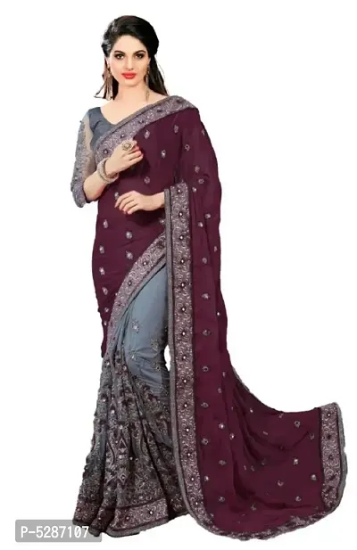 Elegant Grey Embroidered Satin Women Saree With Blouse Piece