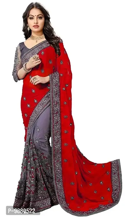 Trendy Designer Multicolored Net, Embroidered Silk Blend Saree with Blouse piece