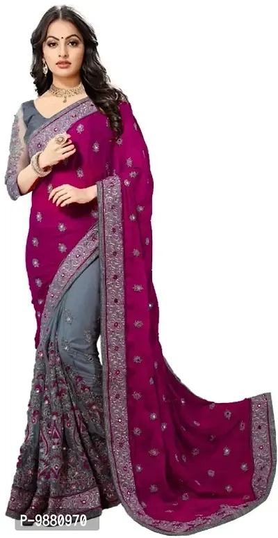 Trendy Designer Multicolored Chiffon Net Embroidered Saree with Blouse piece-thumb0