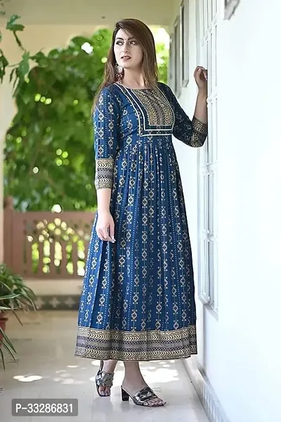 Women's Rayon Round Neck 3/4 Sleeves Ankle Length Printed Anarkali Kurti (Blue)-thumb0