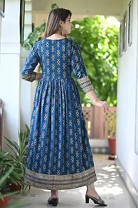 Women's Rayon Round Neck 3/4 Sleeves Ankle Length Printed Anarkali Kurti (Blue)-thumb1