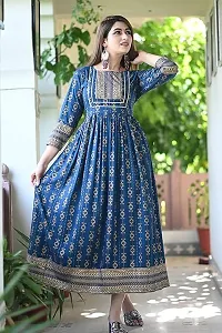 Women's Rayon Round Neck 3/4 Sleeves Ankle Length Printed Anarkali Kurti (Blue)-thumb2