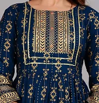 Women's Rayon Round Neck 3/4 Sleeves Ankle Length Printed Anarkali Kurti (Blue)-thumb4