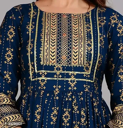 Women's Rayon Round Neck 3/4 Sleeves Ankle Length Printed Anarkali Kurti (Blue)-thumb5