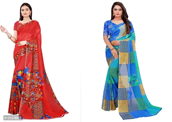 Stylish Georgette Multicoloured Printed Saree with Blouse piece For Women Pack Of 2-thumb0