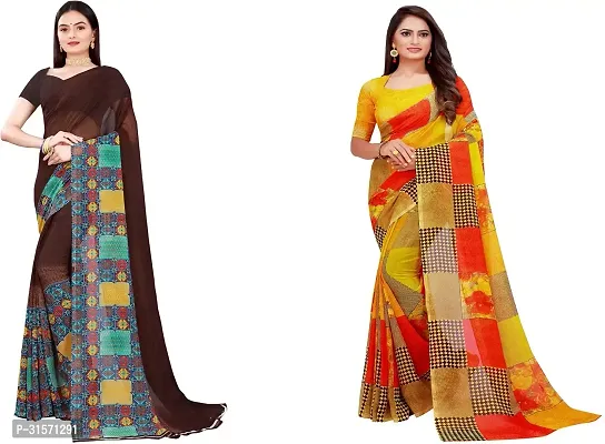 Stylish Georgette Multicoloured Printed Saree with Blouse piece For Women Pack Of 2-thumb0