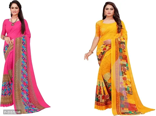 Stylish Georgette Multicoloured Printed Saree with Blouse piece For Women Pack Of 2-thumb0