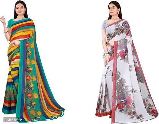 Stylish Georgette Multicoloured Printed Saree with Blouse piece For Women Pack Of 2-thumb0