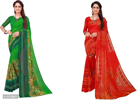 Stylish Georgette Multicoloured Printed Saree with Blouse piece For Women Pack Of 2-thumb0