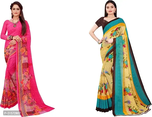 Stylish Georgette Multicoloured Printed Saree with Blouse piece For Women Pack Of 2-thumb0