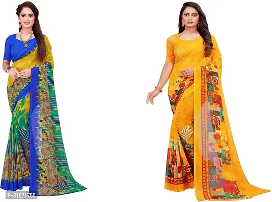 Stylish Georgette Multicoloured Printed Saree with Blouse piece For Women Pack Of 2-thumb0