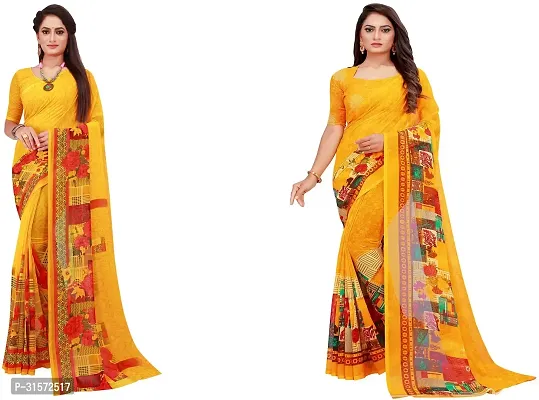 Stylish Georgette Yellow Printed Saree with Blouse piece For Women Pack Of 2-thumb0