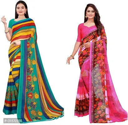 Stylish Georgette Multicoloured Printed Saree with Blouse piece For Women Pack Of 2-thumb0