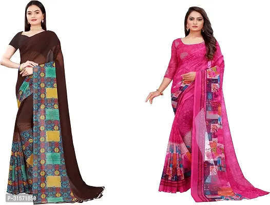 Stylish Georgette Multicoloured Printed Saree with Blouse piece For Women Pack Of 2-thumb0