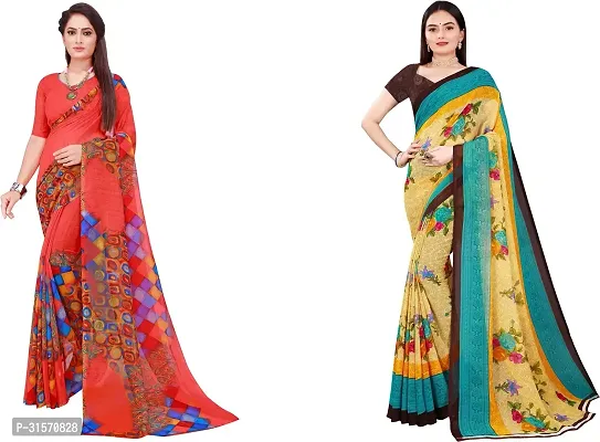 Stylish Georgette Multicoloured Printed Saree with Blouse piece For Women Pack Of 2-thumb0