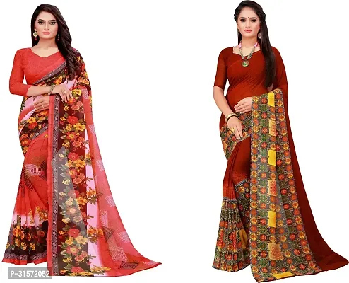 Stylish Georgette Multicoloured Printed Saree with Blouse piece For Women Pack Of 2-thumb0