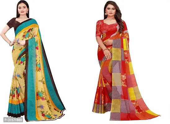 Stylish Georgette Multicoloured Printed Saree with Blouse piece For Women Pack Of 2-thumb0