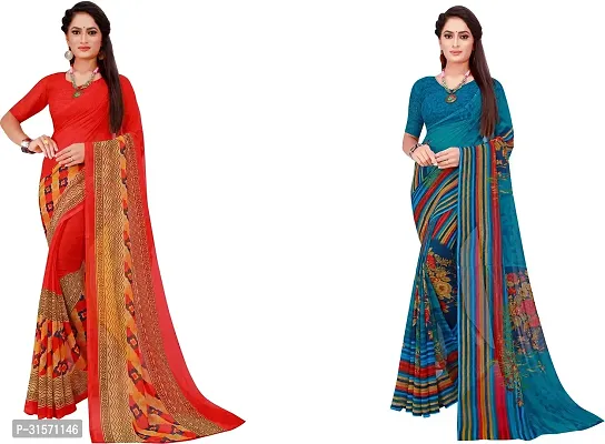 Stylish Georgette Multicoloured Printed Saree with Blouse piece For Women Pack Of 2-thumb0