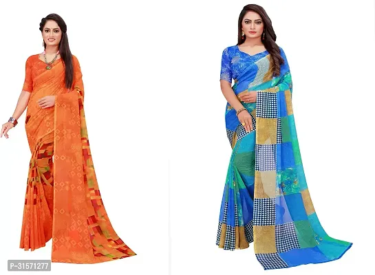 Stylish Georgette Multicoloured Printed Saree with Blouse piece For Women Pack Of 2-thumb0