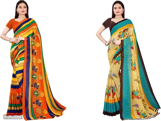 Stylish Georgette Multicoloured Printed Saree with Blouse piece For Women Pack Of 2-thumb0