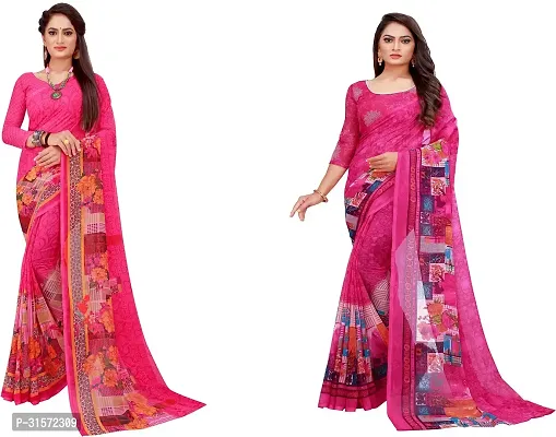 Stylish Georgette Multicoloured Printed Saree with Blouse piece For Women Pack Of 2-thumb0