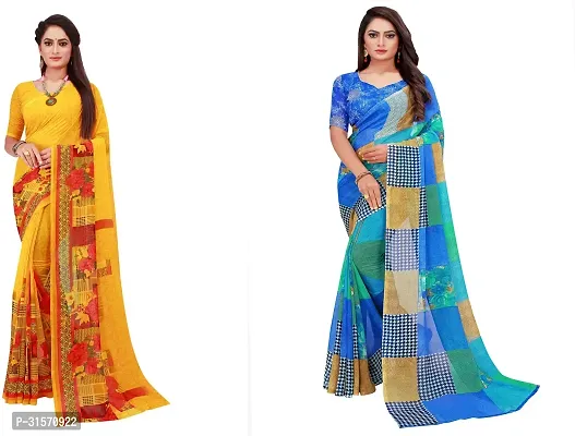 Stylish Georgette Multicoloured Printed Saree with Blouse piece For Women Pack Of 2-thumb0