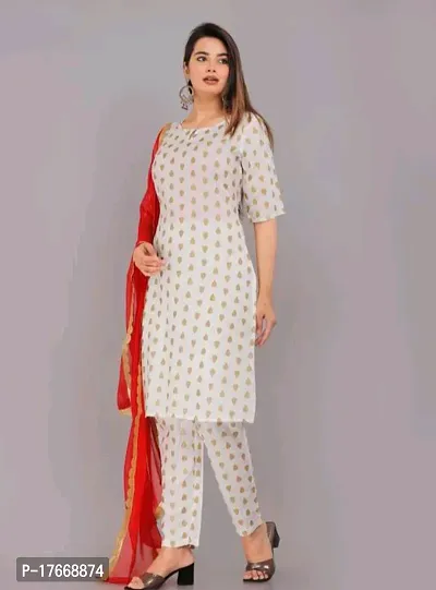 Stylish Rayon White Kurta, Bottom and Dupatta Set Kurti For Women-thumb0