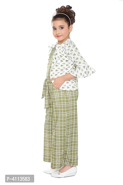 Girls Olive Checkered Jumpsuit With Blazer Set-thumb2