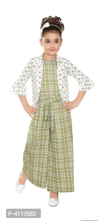 Girls Olive Checkered Jumpsuit With Blazer Set-thumb0