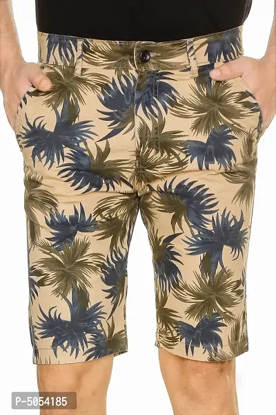 Stylish Cotton Khaki Floral Printed Chino Shorts For Men-thumb0