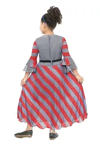 Stylish Cotton Blend Grey Leheriya Striped Print Round Neck Bell Sleeves Dress For Girls-thumb2