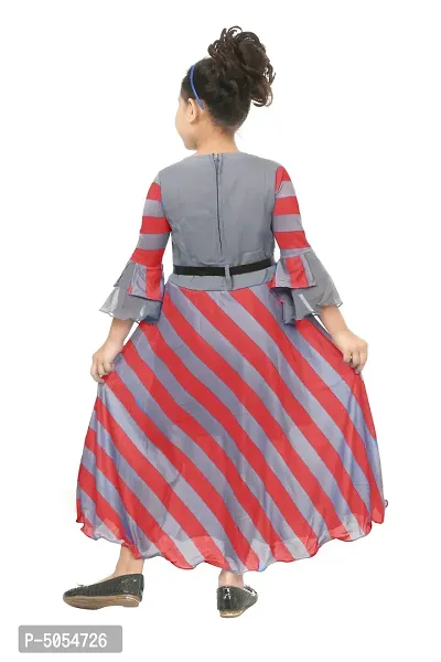 Stylish Cotton Blend Grey Leheriya Striped Print Round Neck Bell Sleeves Dress For Girls-thumb3