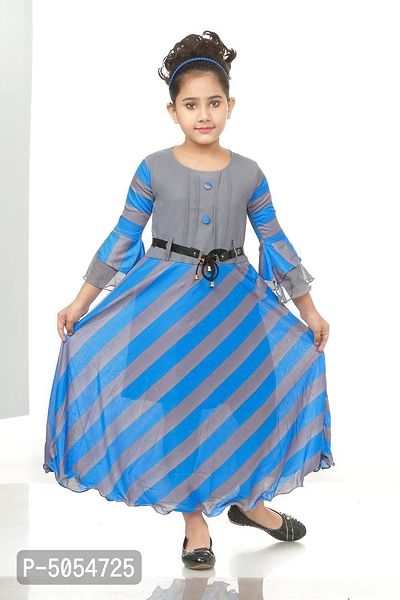 Stylish Cotton Blend Grey Leheriya Striped Print Round Neck Bell Sleeves Dress For Girls