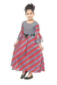 Stylish Cotton Blend Grey Leheriya Striped Print Round Neck Bell Sleeves Dress For Girls-thumb1