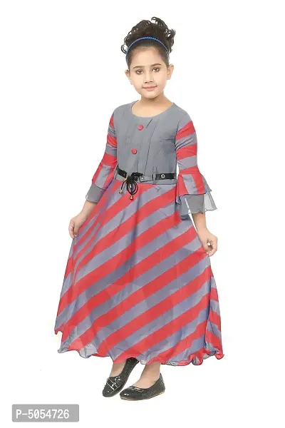 Stylish Cotton Blend Grey Leheriya Striped Print Round Neck Bell Sleeves Dress For Girls-thumb2