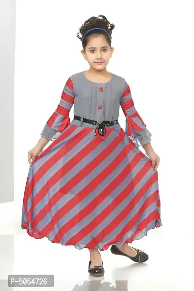 Stylish Cotton Blend Grey Leheriya Striped Print Round Neck Bell Sleeves Dress For Girls-thumb0