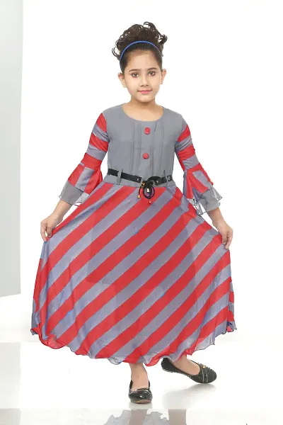 Stylish Cotton Blend Bell Sleeves Dress For Girls