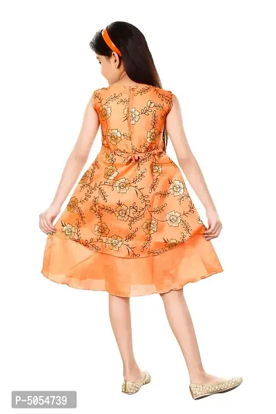 Stylish Cotton Blend Orange Floral Print Sleeveless Round Neck Frock For Girls-thumb2