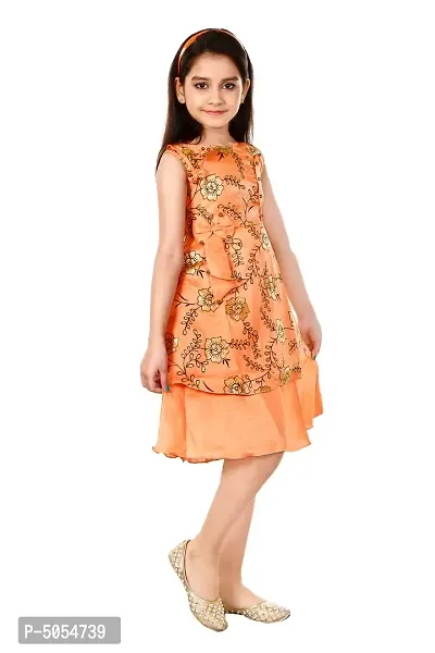 Stylish Cotton Blend Orange Floral Print Sleeveless Round Neck Frock For Girls-thumb0