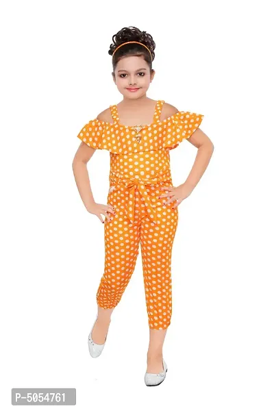 Stylish Polycotton Yellow Polka Dot Printed Shoulder Strap Jumpsuit For Girls