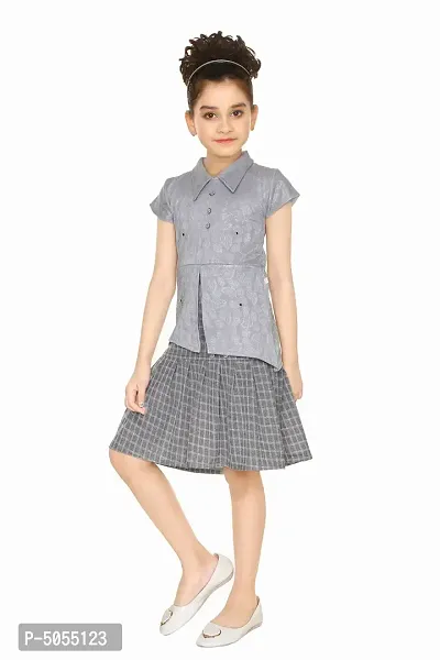 Stylish Cotton Blend Grey Jacquard Top With Skirt Set For Girls-thumb2