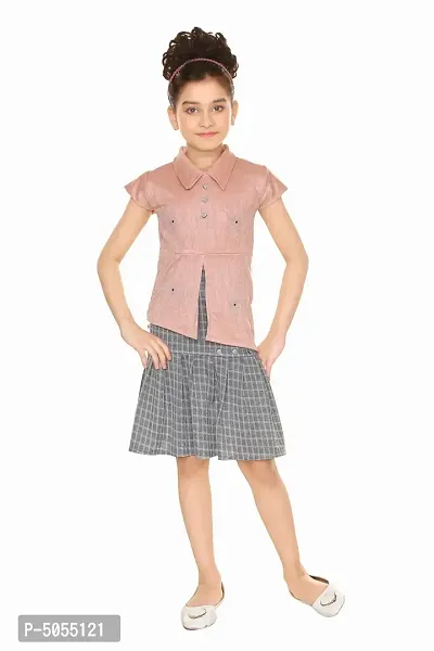 Stylish Cotton Blend Peach Jacquard Top With Skirt Set For Girls