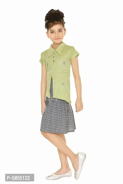 Stylish Cotton Blend Green Jacquard Top With Skirt Set For Girls-thumb2