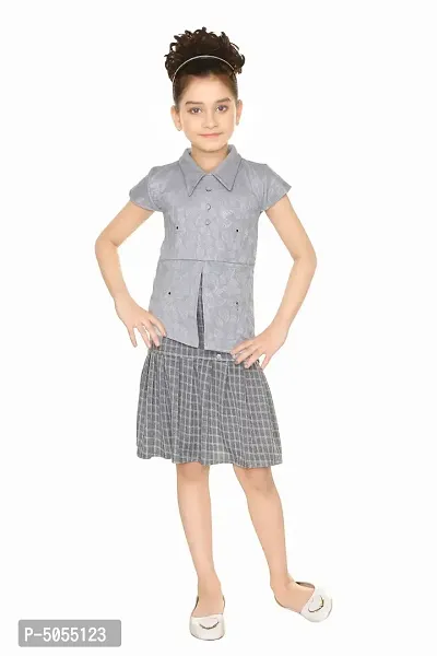 Stylish Cotton Blend Grey Jacquard Top With Skirt Set For Girls