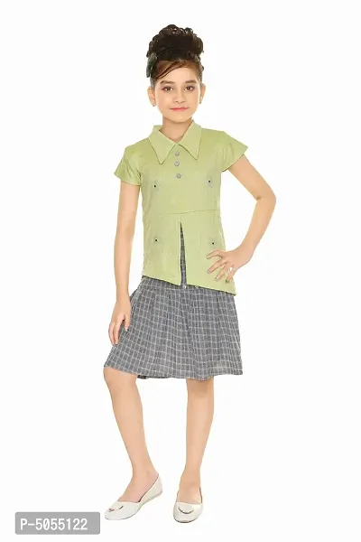 Stylish Cotton Blend Green Jacquard Top With Skirt Set For Girls