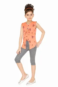 Stylish Cotton Blend Peach Floral Print Shirt With Capri Set For Girls-thumb1