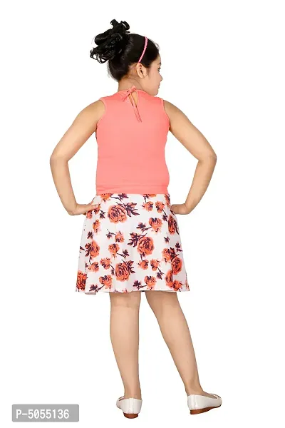 Stylish Cotton Polyester Pink Self Pattern Round Neck Top With Skirt Set For Girls-thumb3