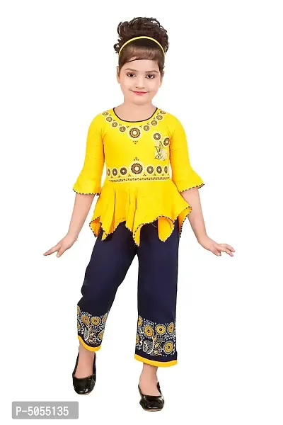 Stylish Cotton Yellow Embroidered Round Neck Top With Pant Set For Girls