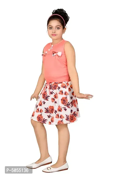 Stylish Cotton Polyester Pink Self Pattern Round Neck Top With Skirt Set For Girls-thumb2